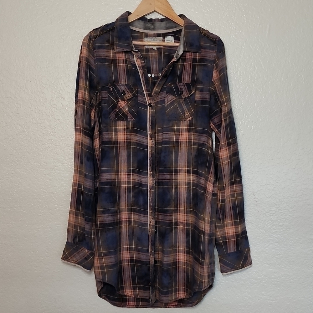 Miss Me Distressed Long Button Down  Studded Plaid Shirt